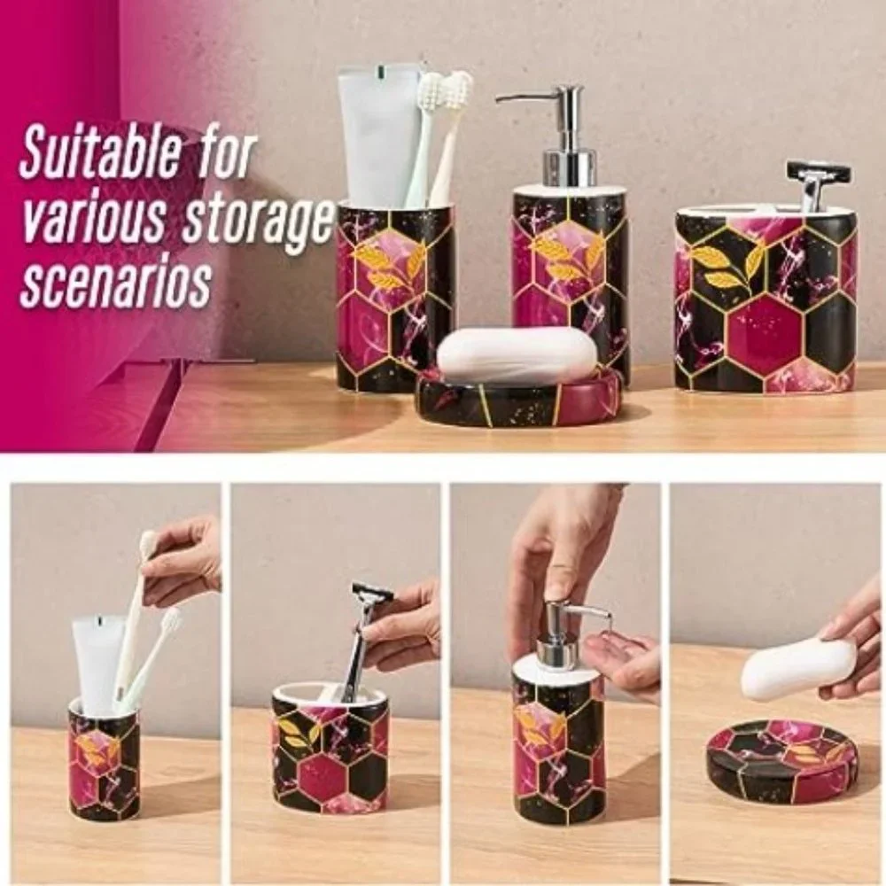 4 pc - Ceramic Bathroom Accessory Set - Purple/ Black/ Gold Honeycomb Design